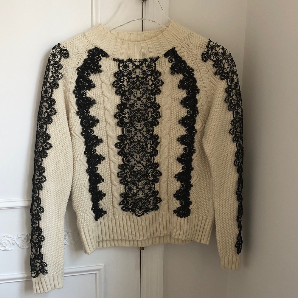 Pinko Cream Cable Knit Crew Sweater with Black Lace Appliqué
